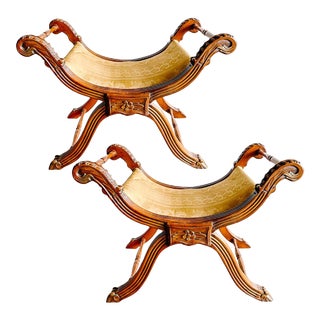 Early 20th Century Empire Carved Wood X-Frame Curule Stools - a Pair For Sale