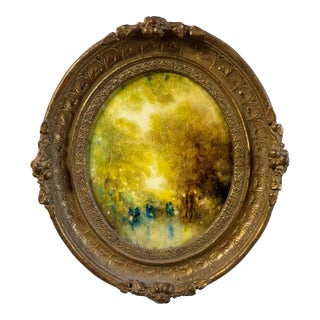 Mid 20th Century Stephanos Sideris Signed Impressionist Oil – "Park Scene" With Golden Oval Frame For Sale