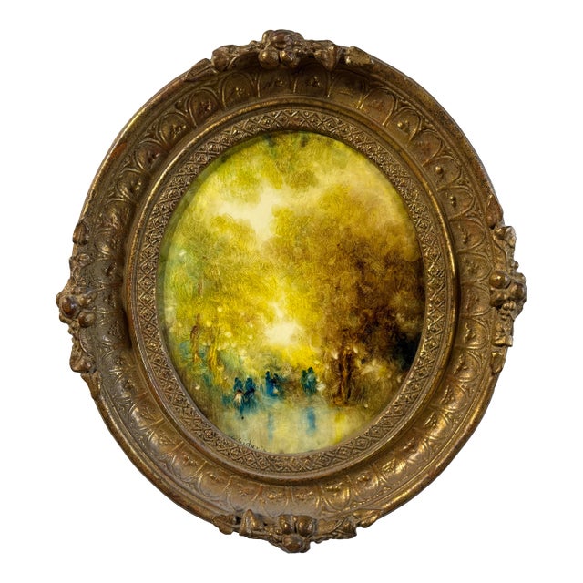 Mid 20th Century Stephanos Sideris Signed Impressionist Oil – "Park Scene" With Golden Oval Frame For Sale