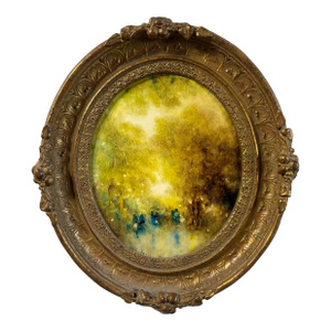 Mid 20th Century Stephanos Sideris Signed Impressionist Oil – "Park Scene" With Golden Oval Frame