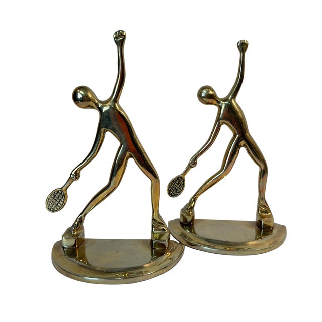 1960s Mid Century Modern Abstract Brass Tennis Player Bookend Set of 2 For Sale - Image 5 of 14