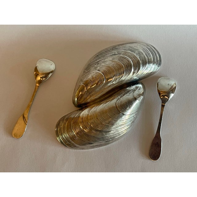 1990s Vintage Silver Mussel Salt and Pepper Holder With Spoons - 3 PCS For Sale - Image 5 of 11
