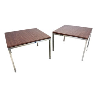 1970’s Florence Knoll “T Angle” Chrome & Walnut Laminate Side Tables Matching Pair For Sale