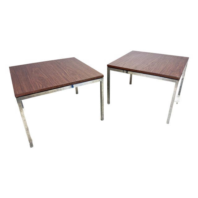 1970’s Florence Knoll “T Angle” Chrome & Walnut Laminate Side Tables Matching Pair For Sale