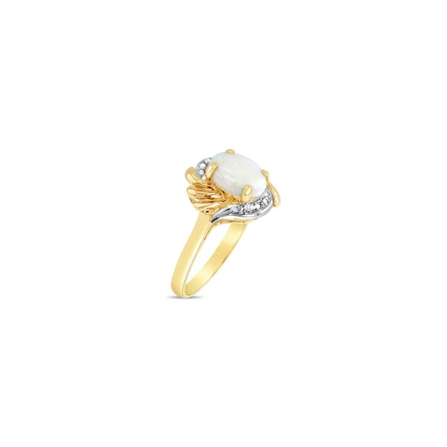 Contemporary Oval Opal Ring with Diamond Accents 14k Yellow Gold, Size 4 For Sale - Image 3 of 5