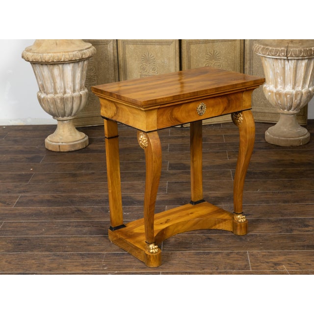 19th Century Biedermeier Walnut Console Table with Large Volutes, Pilasters and Gilt Accents For Sale - Image 11 of 12