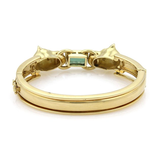 Panther Head Green Tourmaline & Diamond 18k Two Tone Gold Bangle Bracelet For Sale - Image 4 of 5