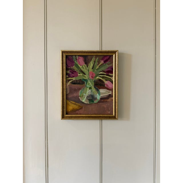 This painting is a simple still life of tulips with a plate. I enjoy the darker, earthy tones and the loose brushstrokes.