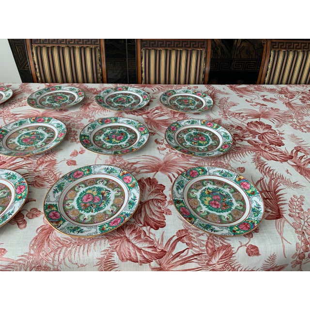 Famille Rose Medallion Hand Painted Porcelain Dinner Plates Set of 12 For Sale - Image 4 of 12