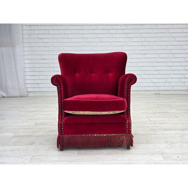 Danish Armchair in Red Velour and Ash, 1970s For Sale - Image 17 of 17