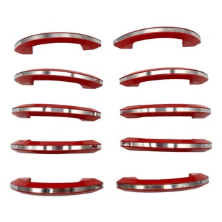 1930s Art Deco Apple Red Catalin/Bakelite Drawer Pulls with Chrome Strip, Set of 9 For Sale