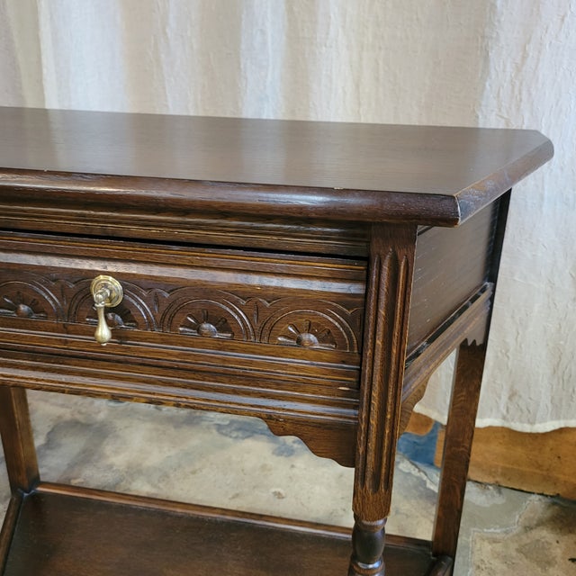 1920s English Oak Carved Drawer Front Angle Sided Table For Sale - Image 11 of 18