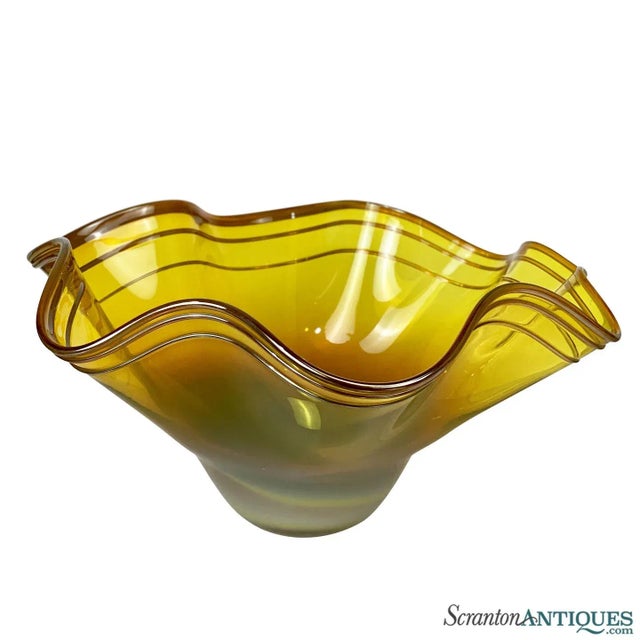 Yellow Hand Blown Art Glass Ruffled Centerpiece Bowl by Matt McBride For Sale - Image 11 of 11