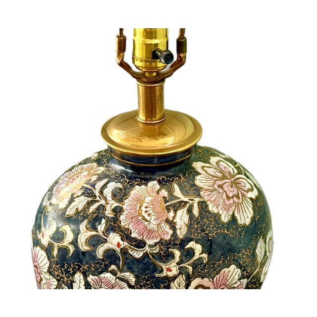 Frederick Cooper Vintage Dark Blue Floral Lamp For Sale - Image 9 of 10