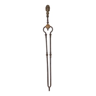 Antique 18th Century Wrought Iron Turned Brass English Fireplace Tongs Tool 27 For Sale