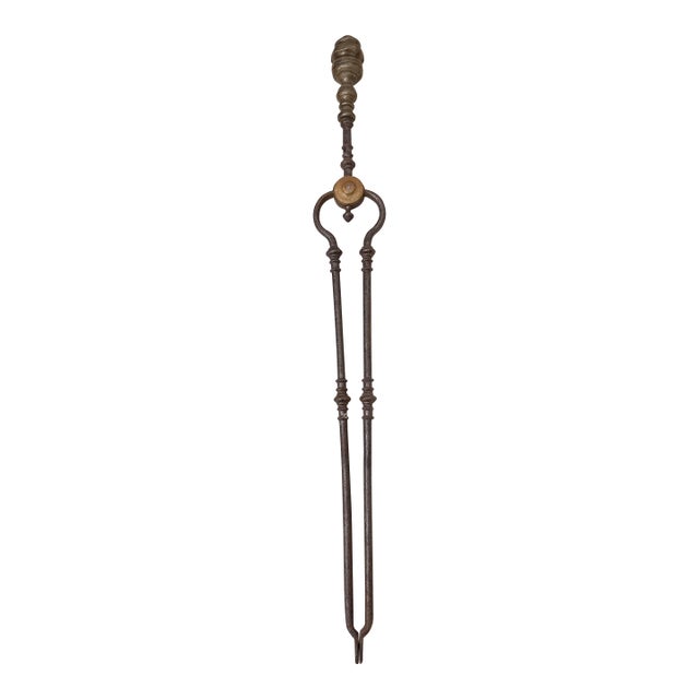 Antique 18th Century Wrought Iron Turned Brass English Fireplace Tongs Tool 27 For Sale