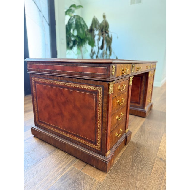 Maitland - Smith 1980s Maitland-Smith Burl Wood Executive Desk With Leather Inset Top – Double Pedestal, Brass Hardware For Sale - Image 4 of 17