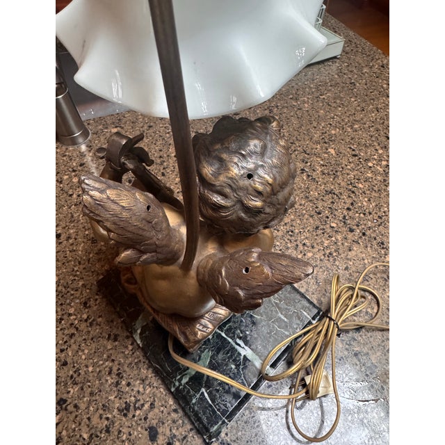 Late 19th Century Bronze-Finished Cherub Playing Violin Table Lamp With Marble Base. For Sale In Portland, OR - Image 6 of 9
