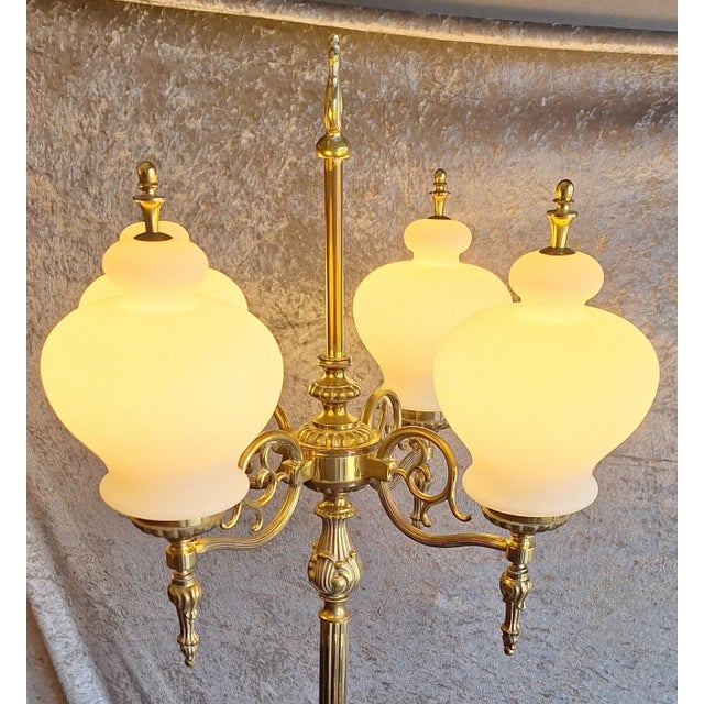 1970s Vintage Floor Lamp with Decorated Brass Frame and Four Opaque White Glass Shades, 1970s For Sale - Image 5 of 8