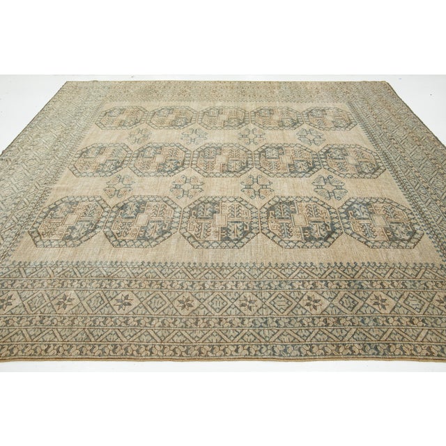 9 X 10 Beige Antique Handmade Turkmen Wool Rug With Geometric Pattern For Sale - Image 10 of 11