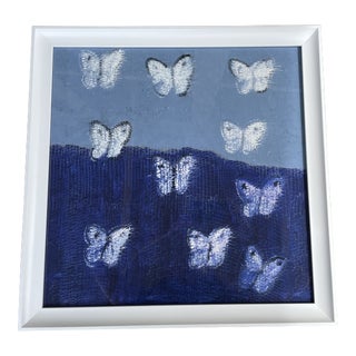 Hunt Slonem Blue Butterflies Textile in Custom Larson Juhl Bright White Matte Frame For Sale