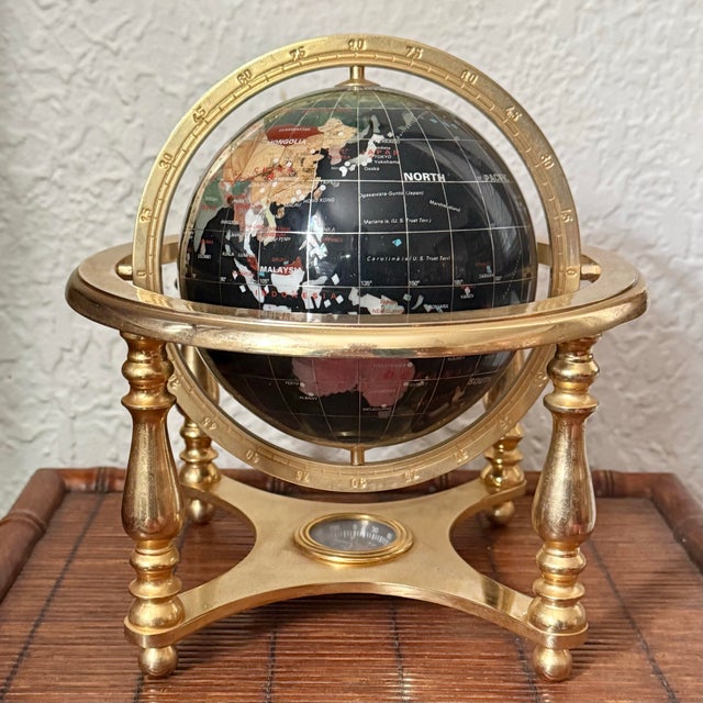 Late 20th Century Black World Globe With Semiprecious Gemstones on Brass Base For Sale - Image 6 of 8