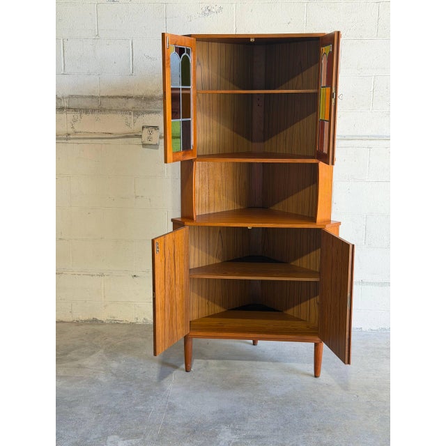 Mid-Century Modern Vintage Danish Modern Teak Corner Cabinet Display Hutch Mid Century Stained Glass Denmark For Sale - Image 3 of 9