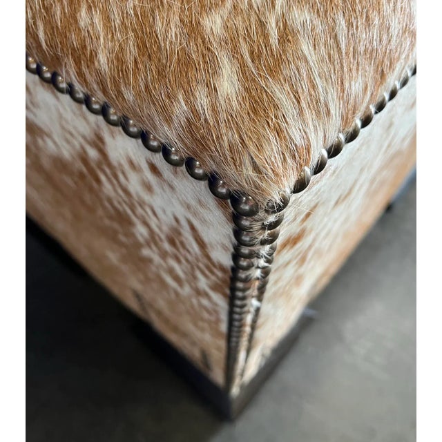 Holly Leather Speckled Upholstered Greek Key Ottoman From the Madeline Stuart Collection For Sale In Los Angeles - Image 6 of 8