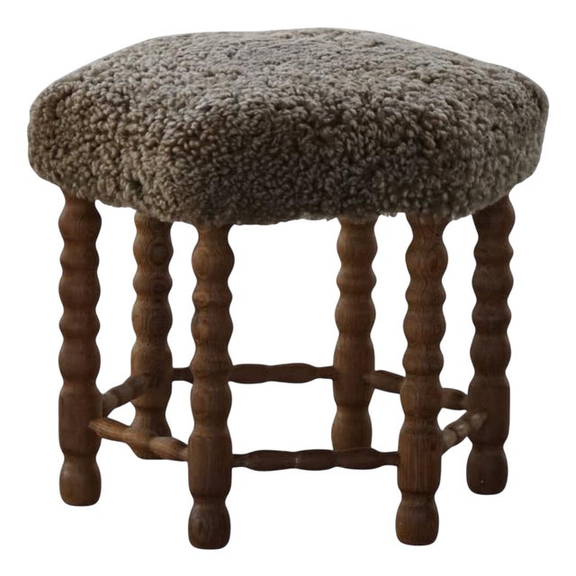 Modern Danish Hexagon Stool in Oak & Lambswool, 1950s For Sale