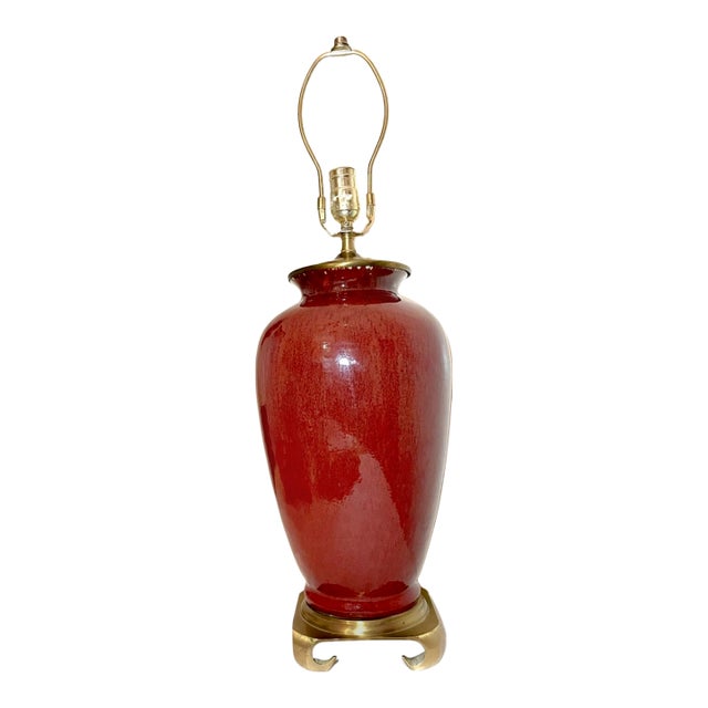 Large Modern Handmade Chinese Red Real Oxblood Pottery Brass Vase Table Lamp For Sale