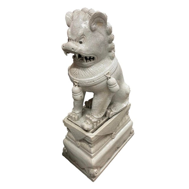 Ceramic Vintage Crackle-Glazed Ceramic Foo Dog Guardian Statues For Sale - Image 7 of 12