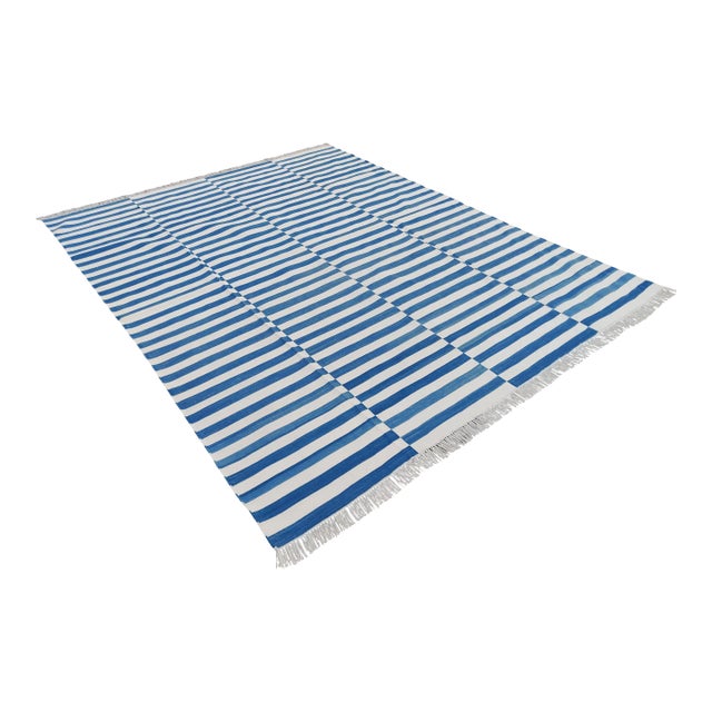 Handmade Cotton Striped Rug, Up Down Stripe Blue and White - 10'x11' For Sale