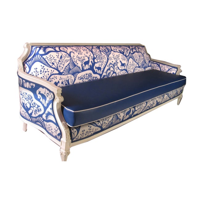 Vintage Blue Boho Folk Enchanted Nature Print Sofa For Sale - Image 4 of 13