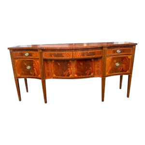 19th Century Antique Federal Style Flame Mahogany Marquetry Inlaid Sideboard With Glass Top