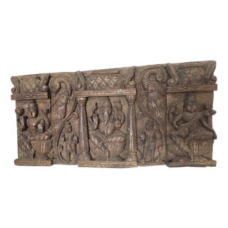 Hindu Hand-Carved Wooden Ganesha Wall Hanging Panel Sculpture, 1950s For Sale