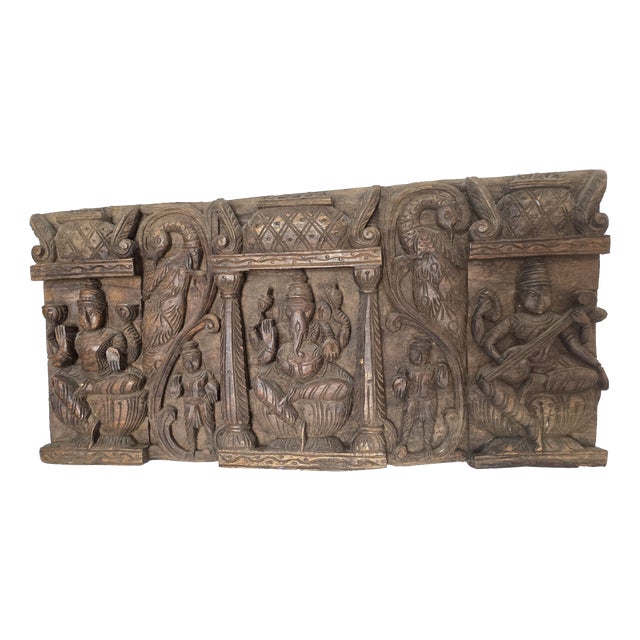 Hindu Hand-Carved Wooden Ganesha Wall Hanging Panel Sculpture, 1950s For Sale