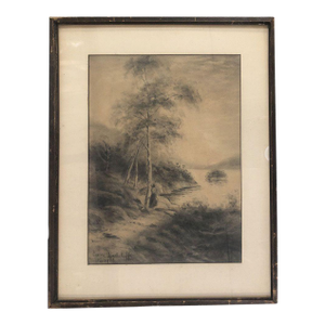 Framed Women by Lake Landscape Charcoal on Paper by Irene Radcliffe, 1971