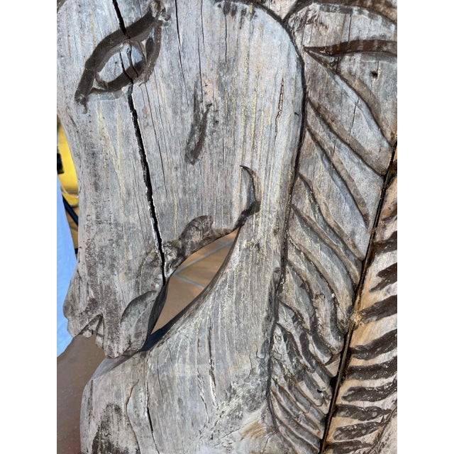 Wonderful patina, aged oak carved pedestal table base. Features 3 horse heads. Extremely solid and heavy. Signs of moss in...