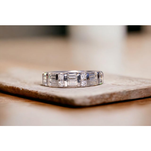 Contemporary The Doubler: Double Row Baguette and Round Natural Diamond Band in Platinum For Sale - Image 3 of 11