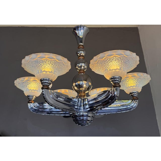 Magnificent Art Deco Chandelier by Ateliers Petitot & Ezan, France (Jean Gauthier) Circa 1935 Six-arm star-shaped model...