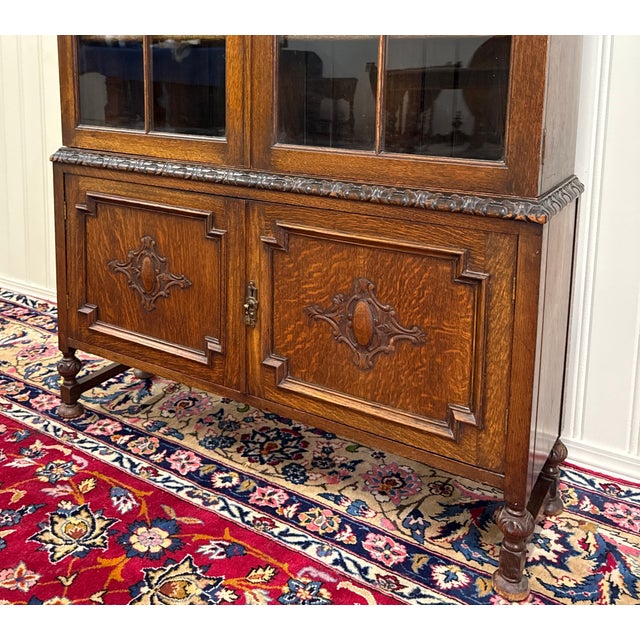 Antique English Jacobean Bookcase Bookshelf Cabinet Double Door Oak c.1930s For Sale - Image 14 of 17