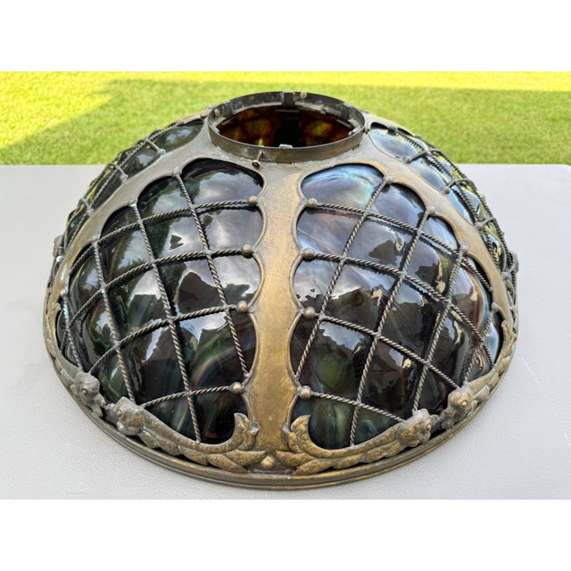 1960s 1960s Tiffany-Style Iridescent Glass & Bronze Turtleback Tile 26" Shade (Shade Only) For Sale - Image 5 of 18