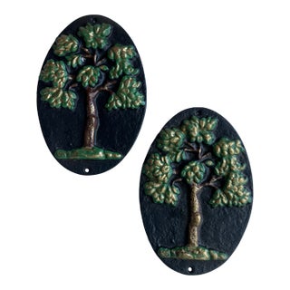 Vintage Black Cast Iron Virginia Metal Crafters Oval Wall Plaques With a Tree For Sale
