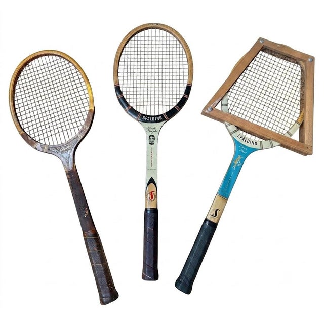 Mid 20th Century Set of 3 Vintage Wooden Tennis Rackets - Tad Imperial, Spalding Pancho Gonzales Signature & Doris Hart Signature + Original Press | Circa 1955–1969 For Sale - Image 5 of 5