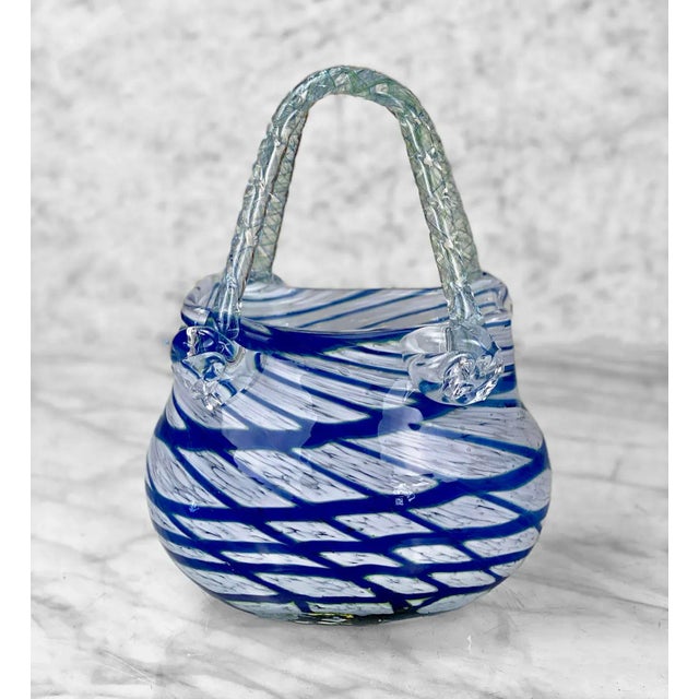 Mid-Century Modern Vintage Blown Art Glass Blue Stripe Handbag Purse Vase For Sale - Image 3 of 9