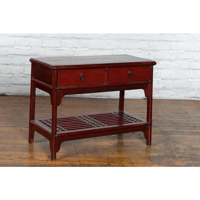 Vintage Chinese Oxblood Lacquer 2-Drawer Side Table with Fretwork Shelf For Sale - Image 10 of 13