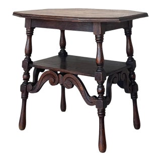 Spanish Two-Tier Walnut Console Side Table With Carved Legs and Stretcher For Sale