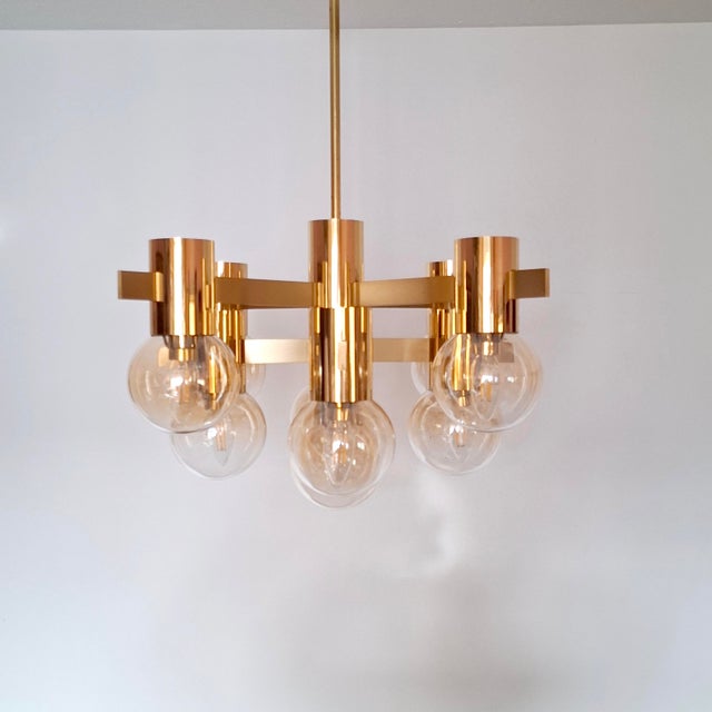 Large German Brass Sputnik Chandelier with Amber-Colored Glass Globes by Hans-Agne Jakobsson, 1960s For Sale - Image 9 of 17