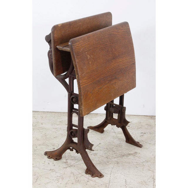 Wood Antique Folding School Row Desk With Cast Iron Legs For Sale - Image 7 of 8