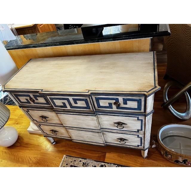 Hickory White 3 Drawer Chest, Cream and Wedgewood Blue Greek Key Design. Hand Painted with Antique Brass Hardware....